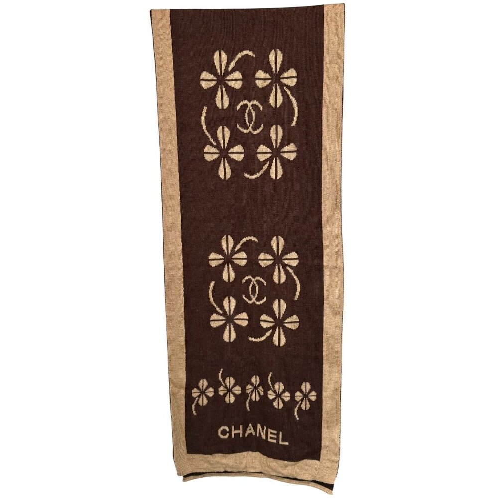 Chanel Brown & Beige Scarf With Four Leaf Clover Pattern - Picture 9 of 9